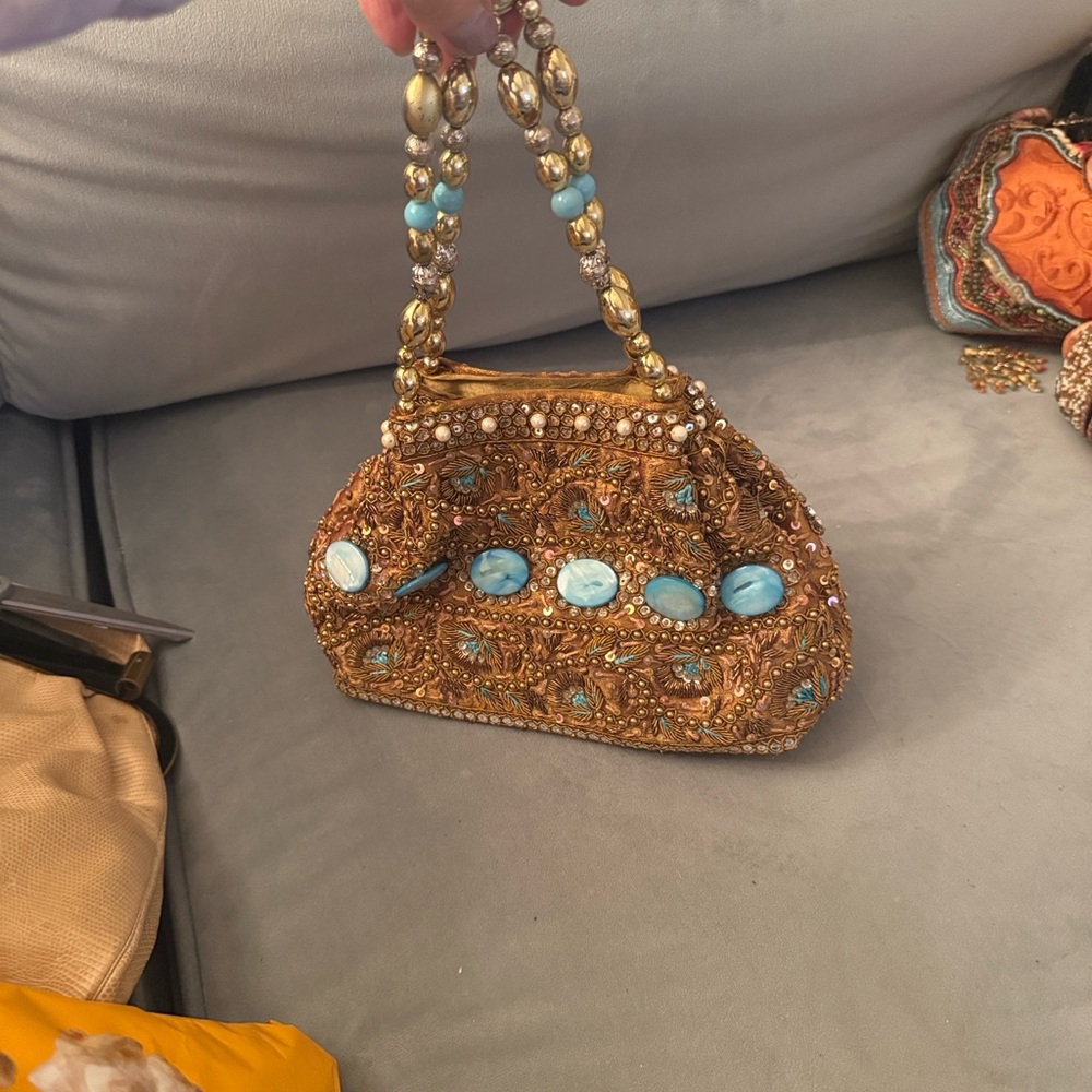 Embellished Gold and Blue Women's Bag